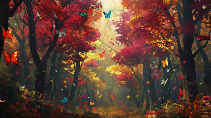 A captivating forest scene with trees dressed in their autumn finest, their branches adorned with clusters of colorful butterflies, while shafts of sunlight filter through the canopy. - obrazy, fototapety, plakaty