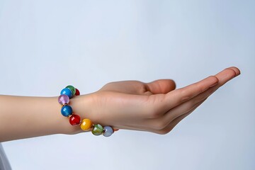 Generative AI : Bracelet with natural stones of different colors on a beautiful hand of a young girl 