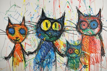 The hand drawing colourful picture of the group of the various type of the cat that has been drawn by the colored pencil or crayon on the white background that seem to be drawn by the child. AIGX01.