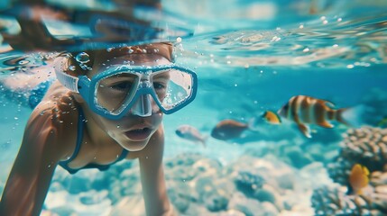 Generative AI : Child snorkeling. Kids swim underwater. Beach and sea summer vacation with children.
