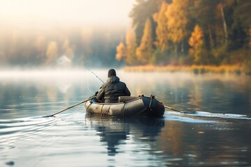 Generative AI : fisherman rowing across a lake in a rubber dinghy as he trolls for fish
