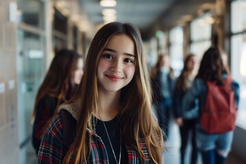 Fototapeta premium Generative AI : Happy teenage girl in hallway at high school looking at camera. 