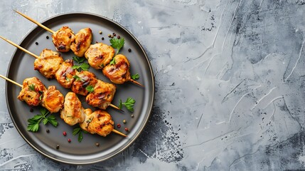 Generative AI : Chicken kebab skewers on a plate over light grey stone background.
