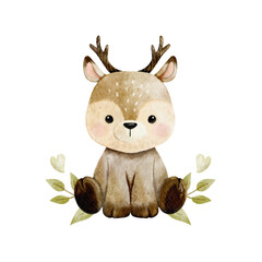 Vector cartoon watercolor of woodland animal with Deer sitting in leave and heart wreath for Baby Nursery Decor