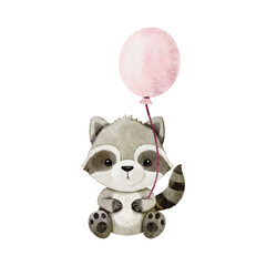 Vector cartoon watercolor of woodland animal with Raccoon holding pink balloon for Baby Nursery Decor