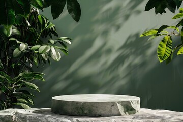 Generative AI : Natural stone and concrete podium in Natural green background  - obrazy, fototapety, plakaty