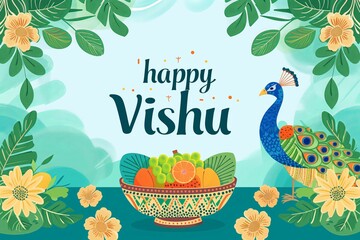 flat illustration for Vishu holiday with a bowl of fruit, peacock feathers, flowers, text happy Vishu