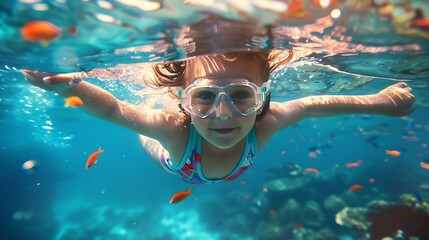 Generative AI : Split underwater photo of a little girl swimming in tropical ocean
