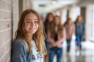 Fototapeta premium Generative AI : Happy teenage girl in hallway at high school looking at camera. 