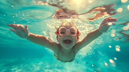 Naklejka premium Generative AI : Photo of happy baby girl jump, dive underwater with fun in tropical lagoon pool. 