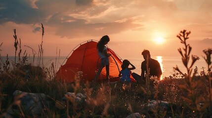Generative AI : Family resting with tent in nature at sunset. 