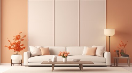 A sophisticated lounge design featuring a sleek white sofa against a soft peach 3D wall, exuding modern elegance and comfort.