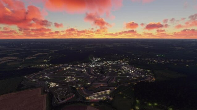 Aerial view at dusk of Silverstone Circuit in Towcester. United Kingdom