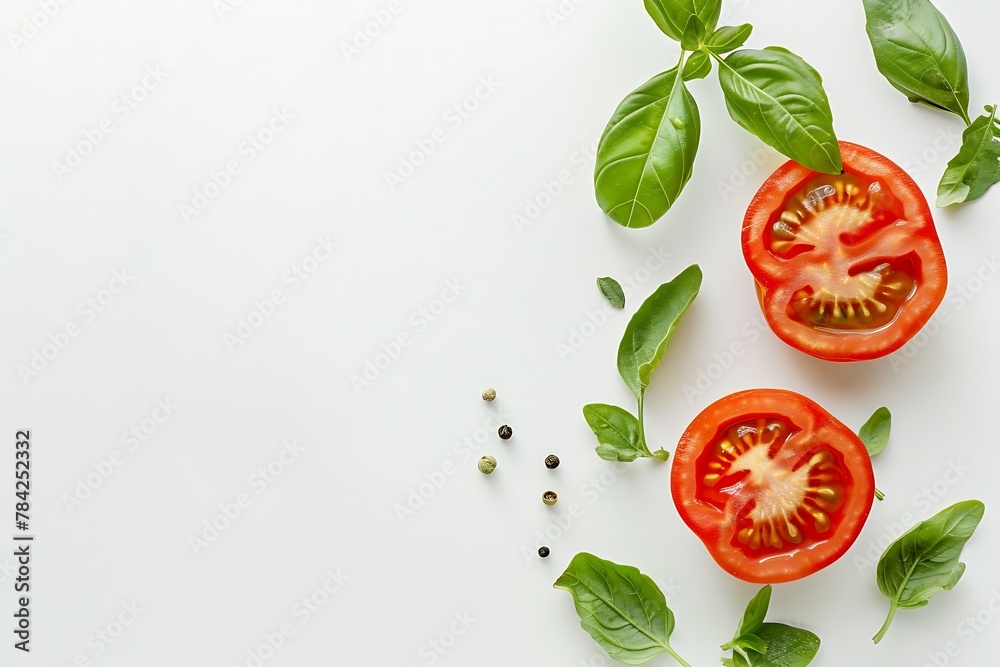 Poster generative ai : fresh tomato with green leaf and cut in half sliced isolated