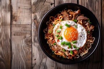 Generative AI : Korean instant noodle with stir fried brisket and onsen egg in black bowl 