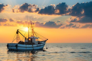 Fototapeta premium Generative AI : A beautiful Sunset seen the fishing boat