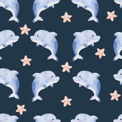 Cute Dolphin Seamless Pattern on navy blue background illustration