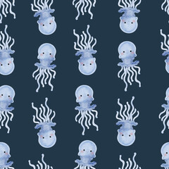 Cute Jellyfish Seamless Pattern on navy blue background illustration