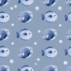 Cute Sea Fish Seamless Pattern on blue gray background illustration