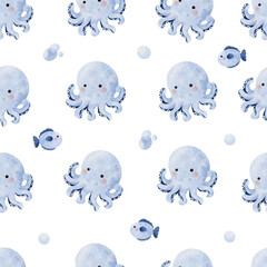 Cute Octopus Seamless Pattern on white background illustration