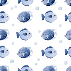 Cute Sea Fish Seamless Pattern on white background illustration