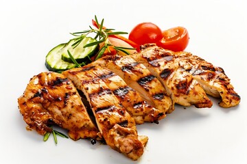 Generative AI : Grilled chicken slices with vegetables isolated on white background