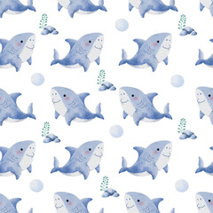 Cute Shark Seamless Pattern on white background illustration