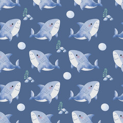 Cute Shark Seamless Pattern on blue gray background illustration