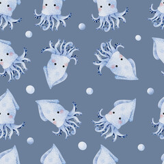Cute Squid Seamless Pattern on blue gray background illustration