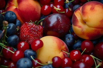 Naklejka na ściany i meble Generative AI : Close up of mixed summer fruit: berries, peaches, cherries