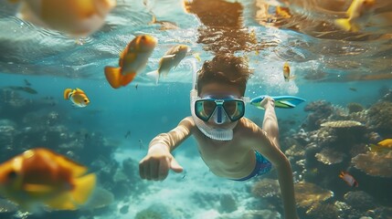 Generative AI : Happy family snorkeling mask dive underwater, see tropical fishes 