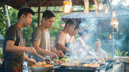 Generative AI : Asian men are cooking for a group of friends to eat barbecue
