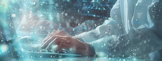 Digital twin technology in data center management. Hands typing on keyboards