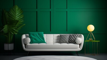 A stylish interior arrangement featuring a pristine white sofa against a bold green 3D wall, offering a modern and vibrant ambiance.