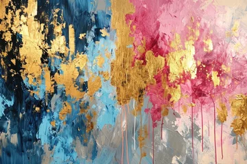 Fotobehang The abstract picture of the gold, pink and blue colour that has been painted or splashed on the white blank background wallpaper to form the random shape that cannot be describe yet beautiful. AIGX01. © Summit Art Creations