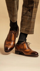 Elegant Brown Leather Oxford Shoes and Checkered Trousers on Beige Background