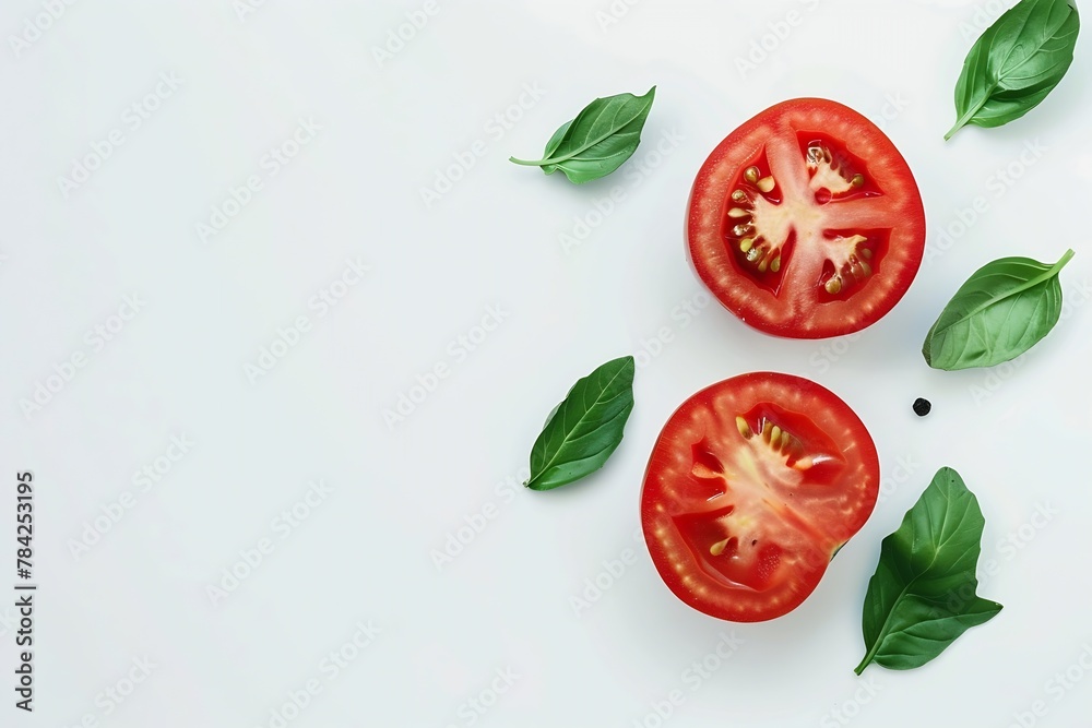 Poster generative ai : fresh tomato with green leaf and cut in half sliced isolated