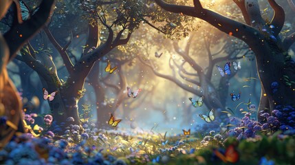 An enchanting forest scene where sunlight filters through the canopy of autumn trees, illuminating the vibrant colors of fallen leaves carpeting the ground, while graceful butterflies flutter overhead