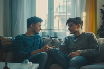 Obraz premium Generative AI : Two young male friends talking and chatting while sitting on sofa at home