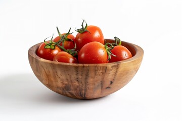 Generative AI : Fresh red cherry tomatoes with half sliced in wooden bowl
