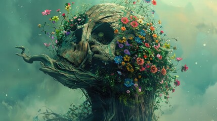 Scary images, A ghost whose entire body is made of half wood and half ghost and has colorful flowers - obrazy, fototapety, plakaty