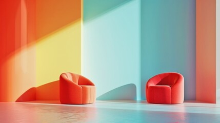 Red chairs contrast with colorful walls.