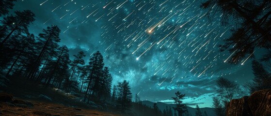 View of a meteor shower in the middle of a forest. Generative AI - obrazy, fototapety, plakaty