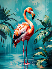 A pink Flamingo standing with palm leaf foliage surrounding, poster style Abstract animals painting, rustic brush strokes vintage retro, wild life illustration