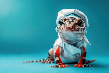 A salamander with vibrant patterns, wearing a white doctor's coat and a surgical mask, positioned on a teal background. - obrazy, fototapety, plakaty