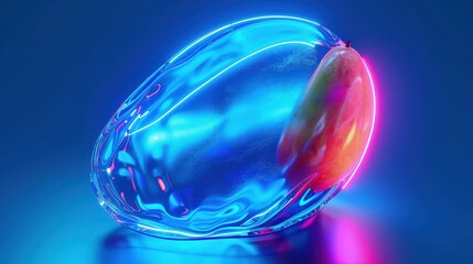 A realistic glassy mango illuminated by neon lights, set against a vibrant blue background.