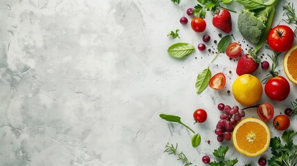 Fresh Fruits, Vegetables, and Herbs on Marble Texture