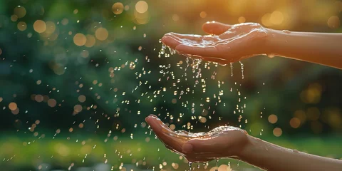 Fotobehang In-depth over a woman's hand as water drops and plunges over a backdrop of fuzzy lovely nature water problem and space, Generative AI. © Noobs