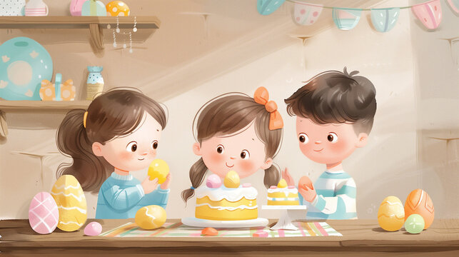 Warm and cozy children's book style illustration featuring three adorable children engaged in Easter festivities. They are playfully interacting with each other, holding decorated Easter eggs