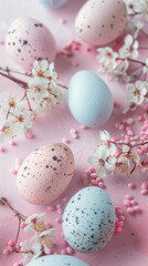 Naklejka na ściany i meble Festive Easter card capturing a beautiful arrangement of speckled eggs in soft pastel tones on a pink surface. The eggs are intricately detailed, with textures that simulate natural bird eggs